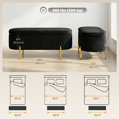 Upholstered Bedroom Bench, Channel Tufted Ottoman Bench with Thick Padding and Metal Legs, Black