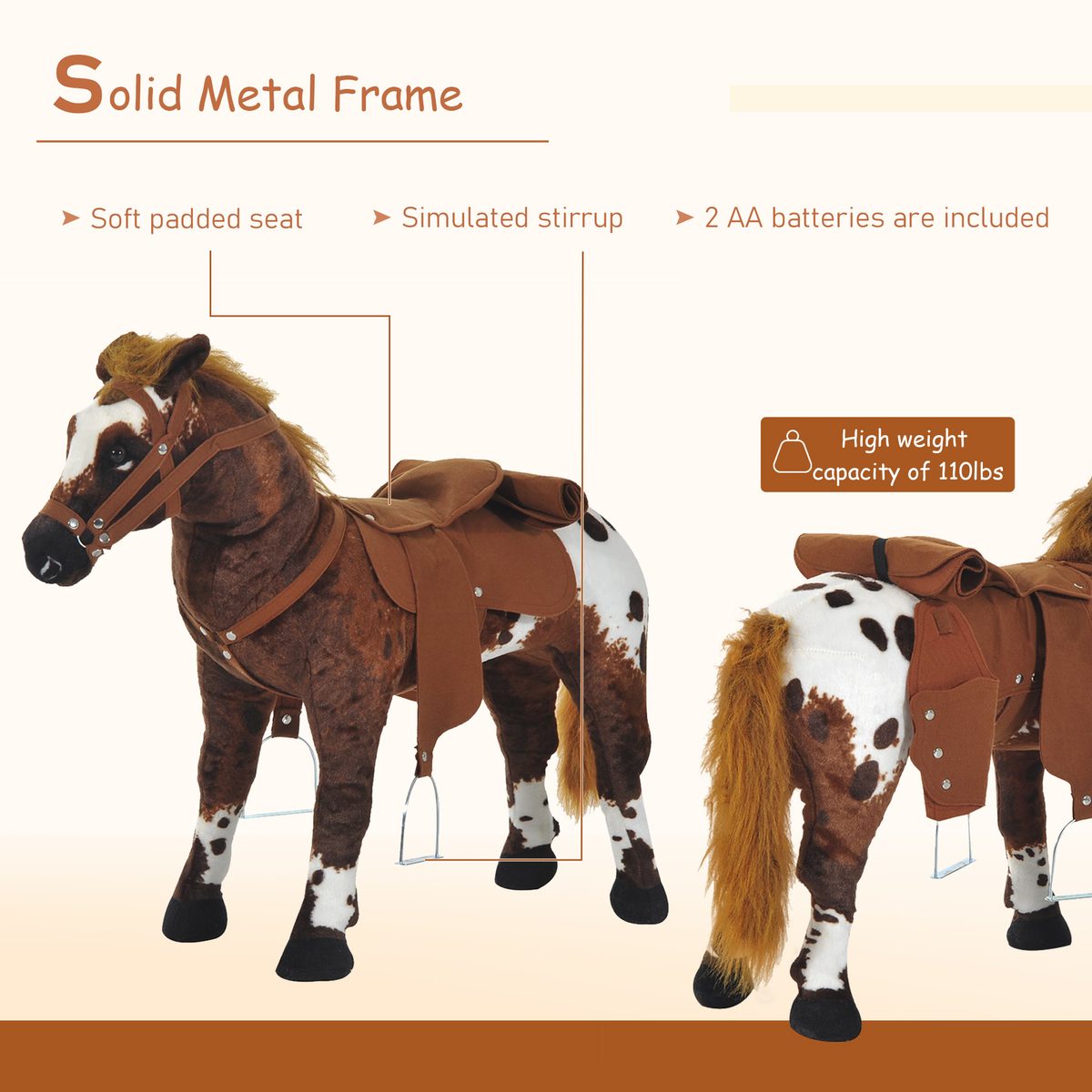 Standing Ride on Horse, Plush Pony Toy for Kids with Neighing Sound, Soft Padding, for Cowboy Cowgirl Aged 3-8 Years Old, Brown