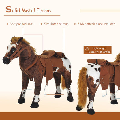 Standing Ride on Horse, Plush Pony Toy for Kids with Neighing Sound, Soft Padding, for Cowboy Cowgirl Aged 3-8 Years Old, Brown