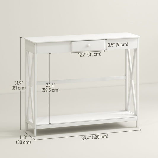 39" Console Table, 2 Tier X-Design Narrow Entryway Table with Drawer and Storage Shelf for Behind Couch, Living Room, Hallway, White