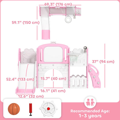 7 in 1 Toddler Slide with Basketball Hoop, Climbing Frame, Telescope, Drawing Board, Storage Box for Ages 1-3, Pink