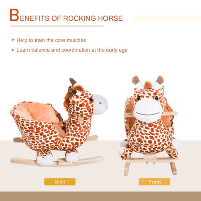 Wooden Plush Children Kids Rocking Horse Chair for Toddlers with Sound and Safety Belt, Giraffe Theme