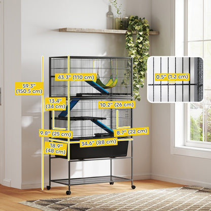 59" 5-Level Small Animal Cage, Rolling Ferret Cage with 6.3" Deep Tray, Non-Slip Cloth Covered Ramps, Hammock, Dark Grey