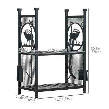 2-Tier Firewood Rack with Shovel, Broom, Poker, Tongs, Side Hooks, Log Holder for Fireplace, Outdoor Indoor Wood Storage Stacker, 21.7" x 12.6" x 30.3", Black