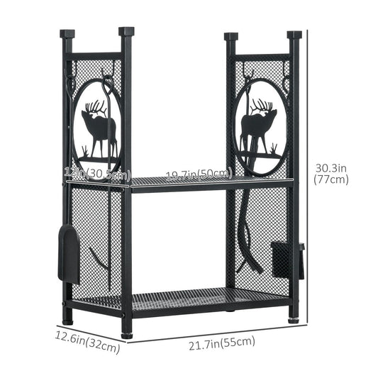 2-Tier Firewood Rack with Shovel, Broom, Poker, Tongs, Side Hooks, Log Holder for Fireplace, Outdoor Indoor Wood Storage Stacker, 21.7" x 12.6" x 30.3", Black