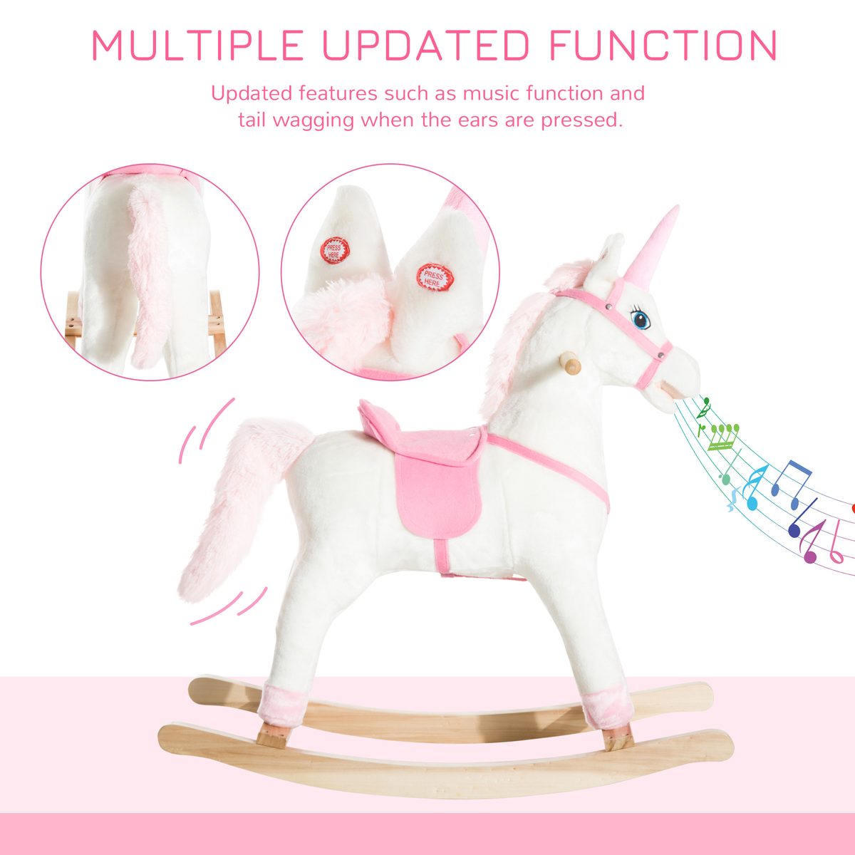 Kids Plush Toy Rocking Horse Unicorn with Realistic Sounds, White & Pink