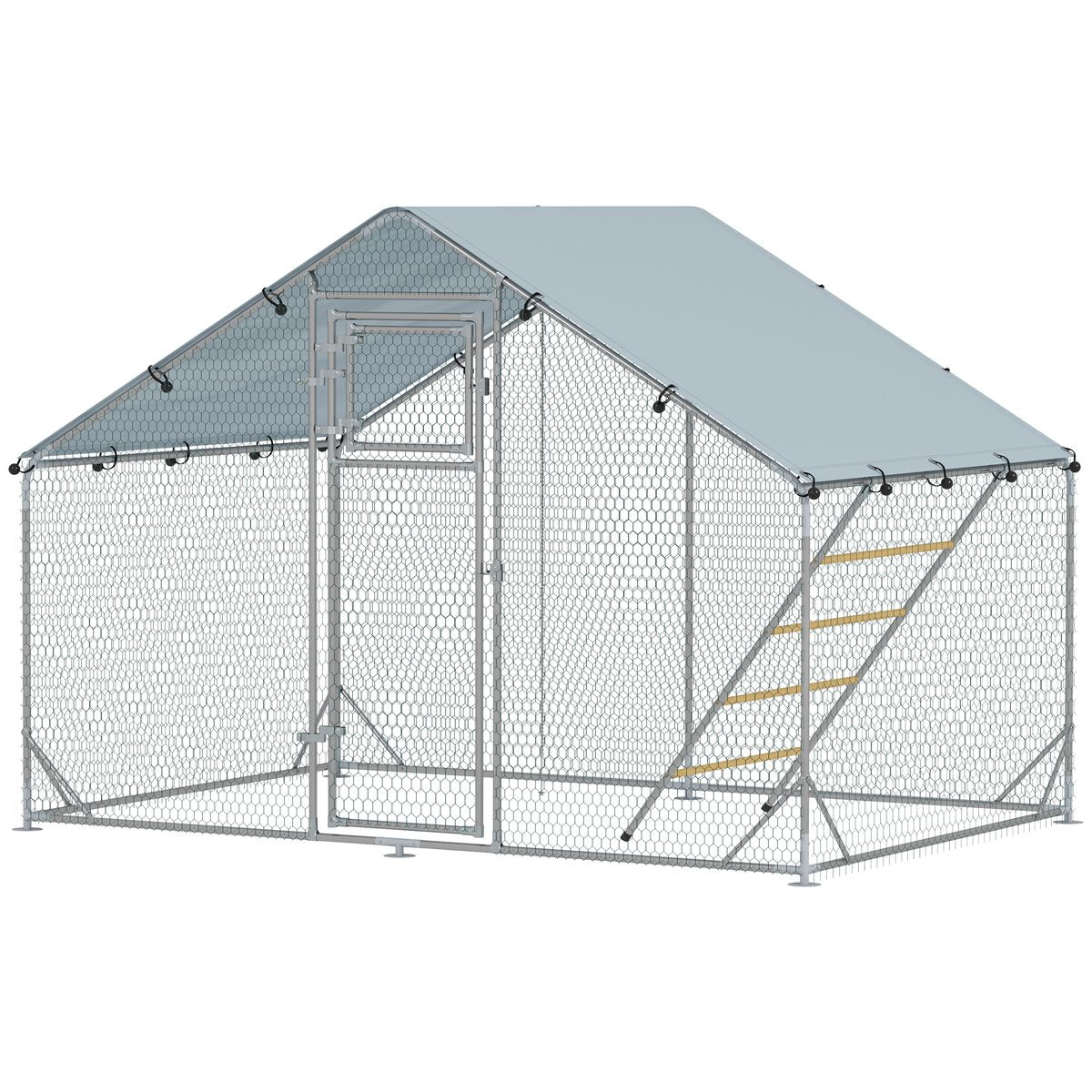Large Metal Chicken Run with Waterproof & UV-Resistant Cover, Feeding Door, Hanging Feeder, Perch for 6-8 Chickens