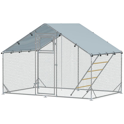 Large Metal Chicken Run with Waterproof & UV-Resistant Cover, Feeding Door, Hanging Feeder, Perch for 6-8 Chickens