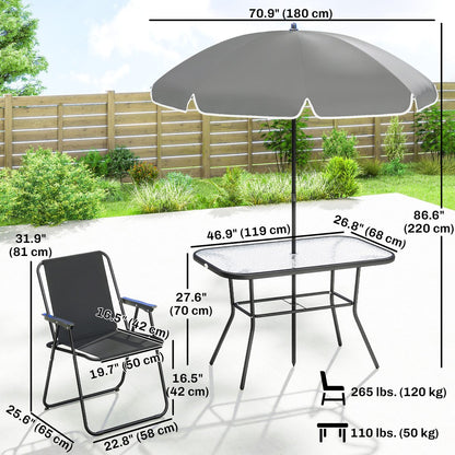 8 Piece Patio Table and Chairs Set with Folding Chairs, Tempered Glass Tabletop and Umbrella for Garden, Black
