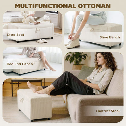 Storage Ottoman, Upholstered Corduroy End of Bed Bench with Thick Padding, Storage Bench for Bedroom, Beige