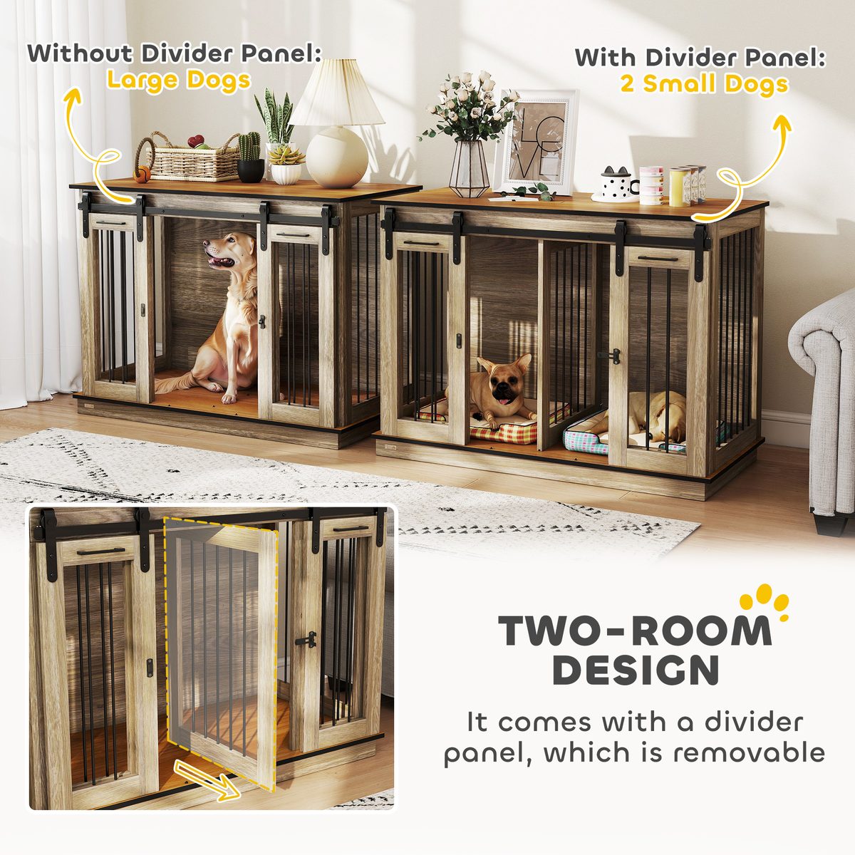 47in Dog Crate Furniture with Divider Panel, Wooden Dog Kennel TV Stand for Large Dogs, Pet House Side Table for 2 Small Dogs with Two Rooms Design, 2 Sliding Doors, Oak