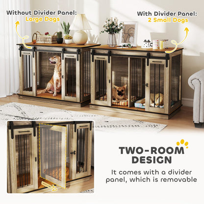 47in Dog Crate Furniture with Divider Panel, Wooden Dog Kennel TV Stand for Large Dogs, Pet House Side Table for 2 Small Dogs with Two Rooms Design, 2 Sliding Doors, Oak