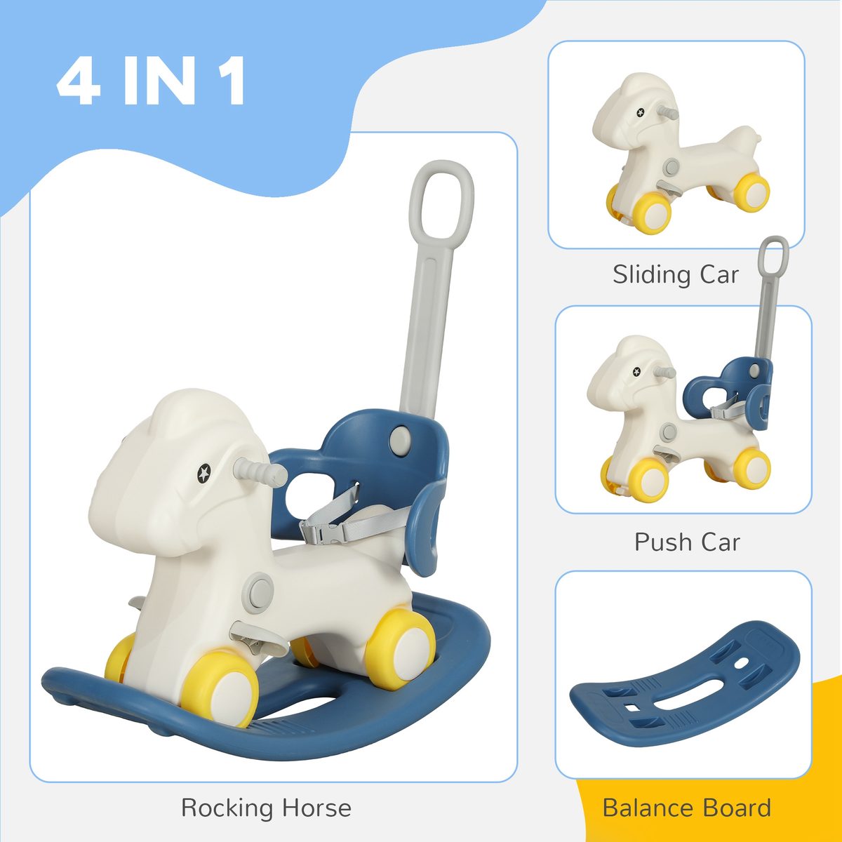 4 in 1 Kids Rocking Horse w/ Detachable Balance Board & Push Handel, Blue