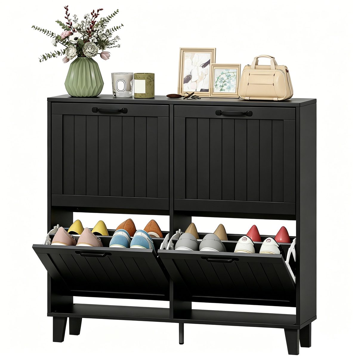 Shoe Cabinet with 4 Flip Drawers, Freestanding Narrow Shoe Storage Cabinet with Adjustable Shelves, Open Back, Black