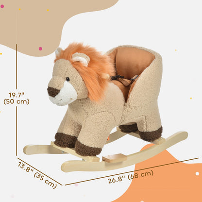 Baby Rocking Horse Lion Design Plush Stuffed Rocking Chair, Wooden Rocking Horse with Sound, Seat Belt for Boys and Girls Gift, Brown