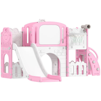 7 in 1 Toddler Slide with Basketball Hoop, Climbing Frame, Telescope, Drawing Board, Storage Box for Ages 1-3, Pink
