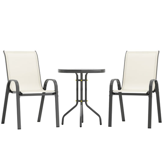 3 Pieces Bistro Set, Small Patio Furniture Set with Stackable Mesh Chairs, Glass Table for Garden, Balcony, Beige