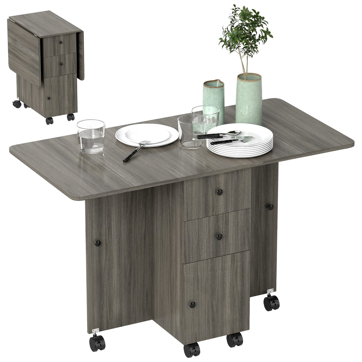 Drop Leaf Dining Table, Mobile Folding Table on Wheels with Drawers and Cabinet for Dining Room, Kitchen, Black