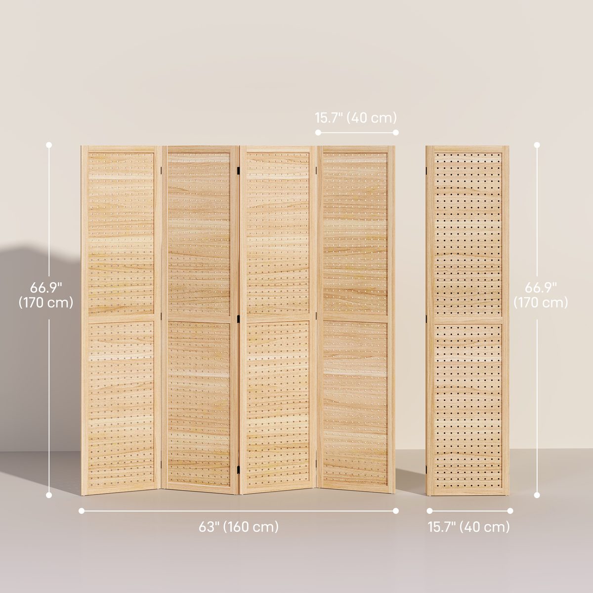 5.6 Ft. Tall 4-Panel Room Divider, Pegboard Panel Freestanding Folding Privacy Screen Panels, Partition Wall Divider for Indoor Bedroom Office, Natural
