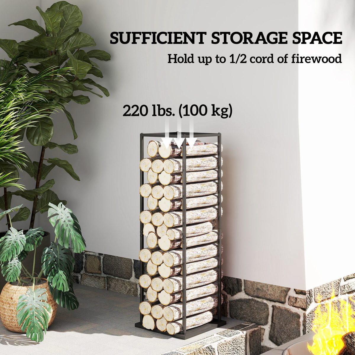 Firewood Rack Outdoor, Heavy Duty Log Holder, Vertical Fireplace Storage Rack, 220 lbs Capacity, 13" x 13" x 43", Black