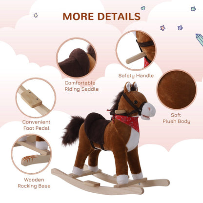 Kids Plush Rocking Horse Child Ride On Toy Rocker with Realistic Sounds Coffee