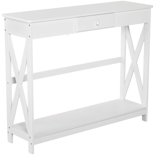 39" Console Table, 2 Tier X-Design Narrow Entryway Table with Drawer and Storage Shelf for Behind Couch, Living Room, Hallway, White