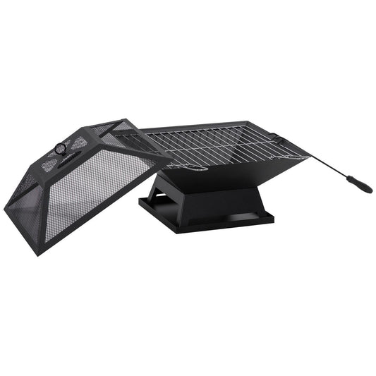 17.7" Wood Burning Portable Fire Pit, Outdoor Firepit with Cooking BBQ Grill, Spark Screen, Poker for Backyard, Black