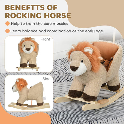 Baby Rocking Horse Lion Design Plush Stuffed Rocking Chair, Wooden Rocking Horse with Sound, Seat Belt for Boys and Girls Gift, Brown