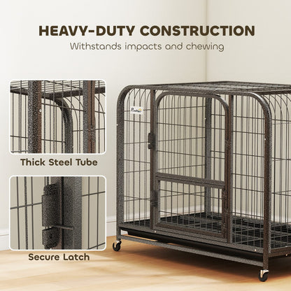 37 Inch Heavy Duty Dog Crate, Large Metal Dog Cage with Lockable Wheels and Removable Tray