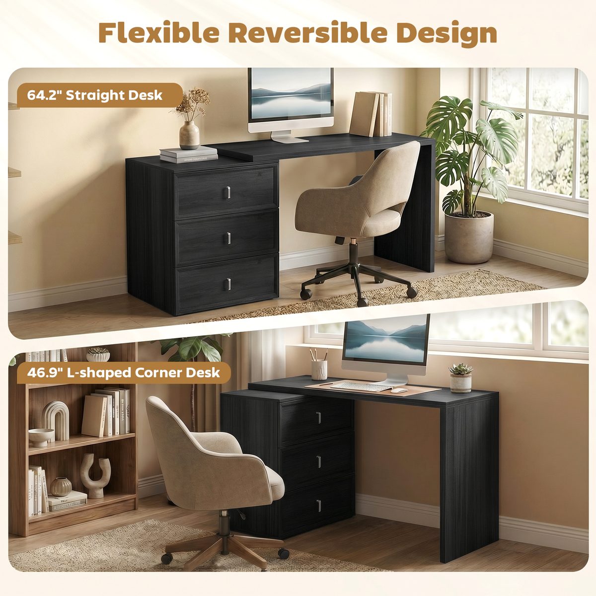 L Shaped Computer Desk Home Office Desk with 3 Drawers Black Wood Grain