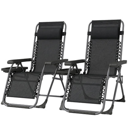 Zero Gravity Chair Set of 2, Folding Reclining Outdoor Lounge Chair with Cup Holder, Headrest, Black