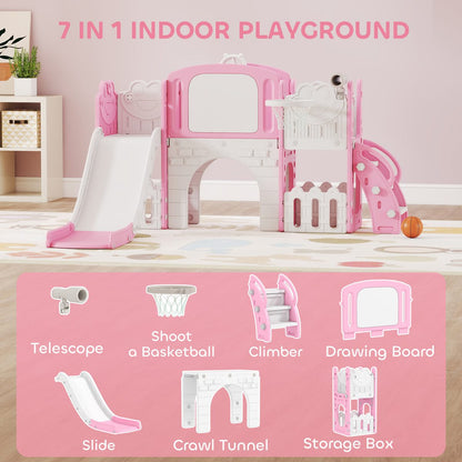 7 in 1 Toddler Slide with Basketball Hoop, Climbing Frame, Telescope, Drawing Board, Storage Box for Ages 1-3, Pink