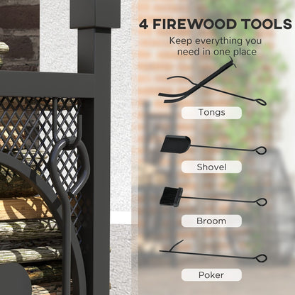 2-Tier Firewood Rack with Shovel, Broom, Poker, Tongs, Side Hooks, Log Holder for Fireplace, Outdoor Indoor Wood Storage Stacker, 21.7" x 12.6" x 30.3", Black
