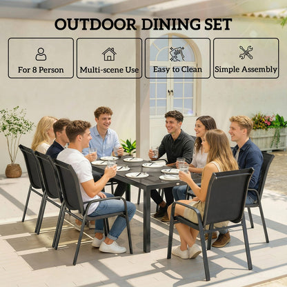 9 Pieces Patio Set with Stackable Chairs, Patio Dining Set with Glass Top for Garden, Patio, Backyard, Black