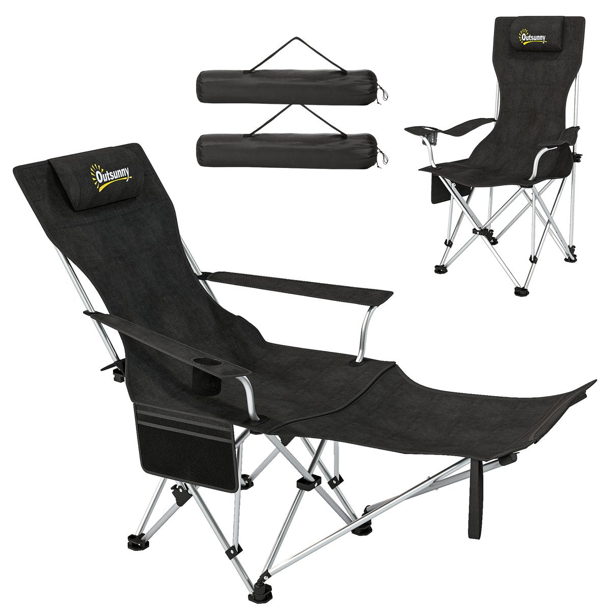Set of 2 Reclining Camping Chair with Foot Rest, Folding Camping Chair w/ Headrest, Cup Holder, Storage Bag, Black