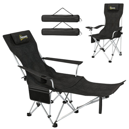Set of 2 Reclining Camping Chair with Foot Rest, Folding Camping Chair w/ Headrest, Cup Holder, Storage Bag, Black