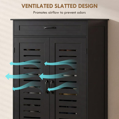 Shoe Cabinet with Louvered Doors, Modern Shoe Storage Cabinet with Drawer and Adjustable Shelves, Black