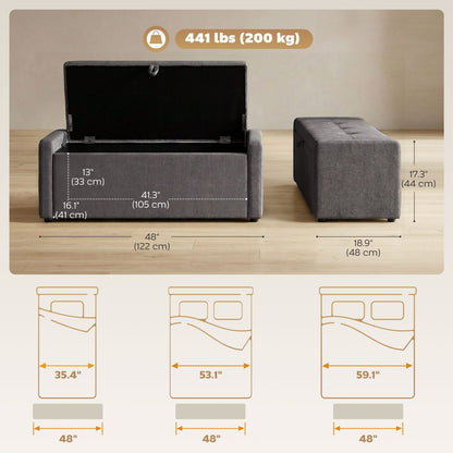 Storage Ottoman Bench, Linen-Look Fabric Upholstered Ottoman with Storage, Wide Padded Seat, Dark Grey