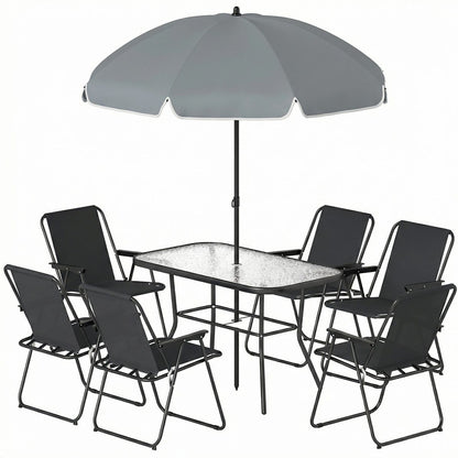 8 Piece Patio Table and Chairs Set with Folding Chairs, Tempered Glass Tabletop and Umbrella for Garden, Black