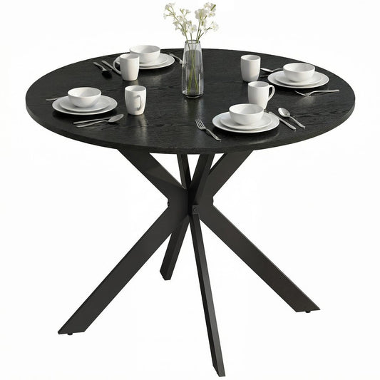 39" Dining Table, Contemporary Round Kitchen Table with Steel Legs, Black Wood Grain