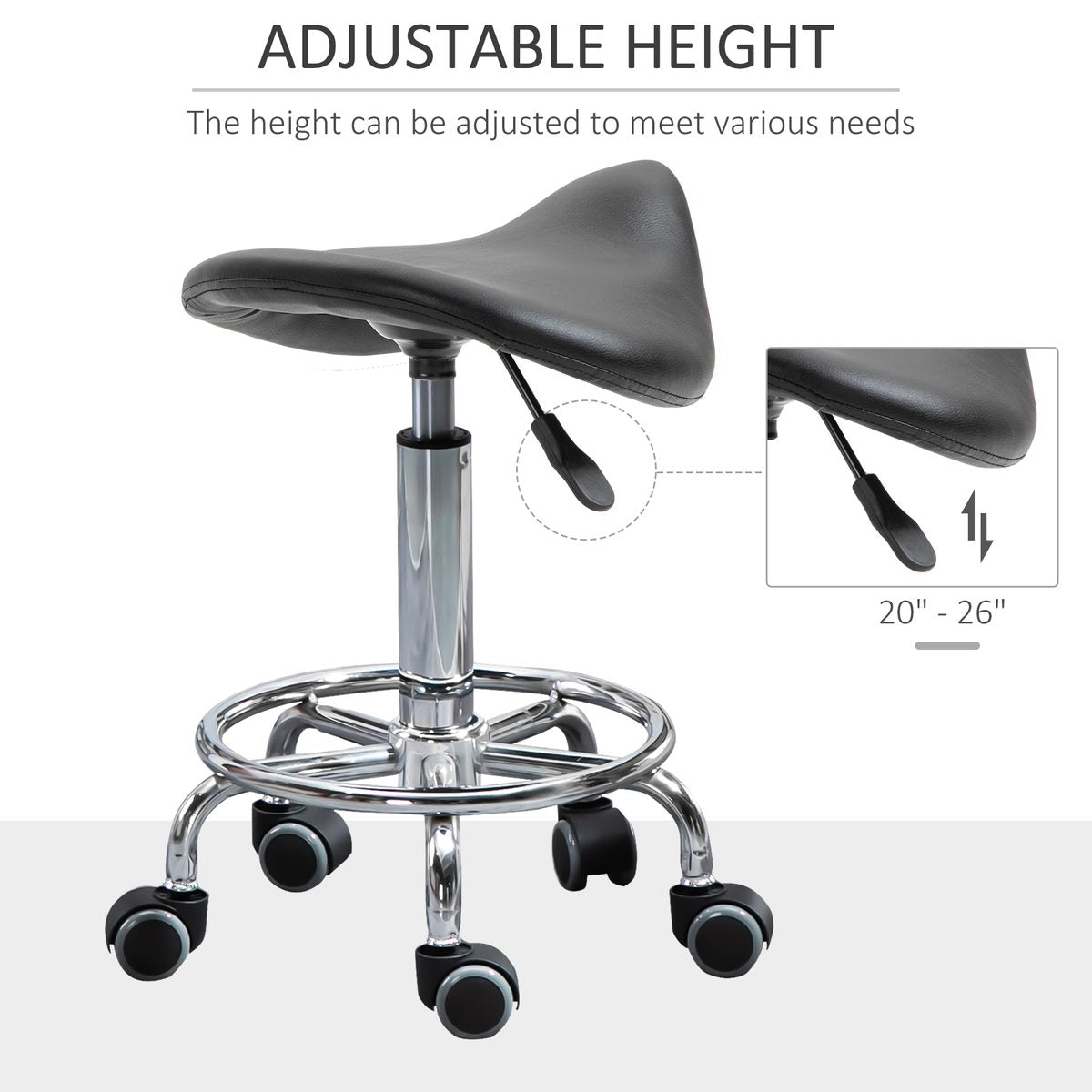Saddle Stool, PU Leather Adjustable Rolling Salon Chair for Massage, Spa, Clinic, Beauty and Tattoo, Black
