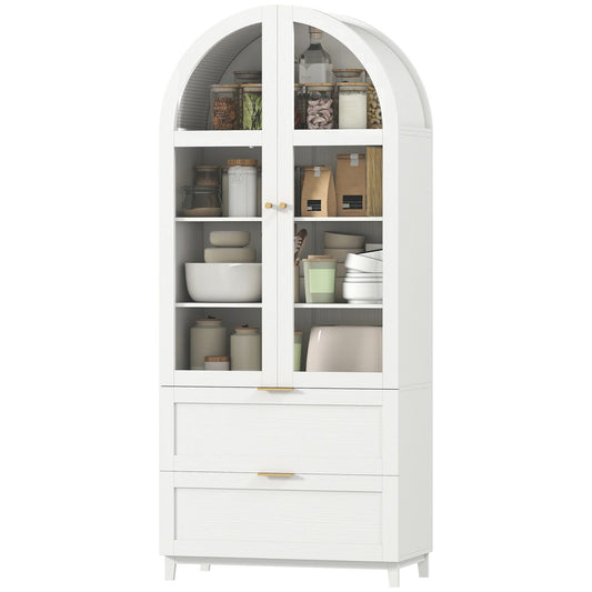 Arched Kitchen Pantry Cabinet, 71" Tall Farmhouse Kitchen Storage Cabinet with 2 Drawers, Acrylic Glass Doors, White