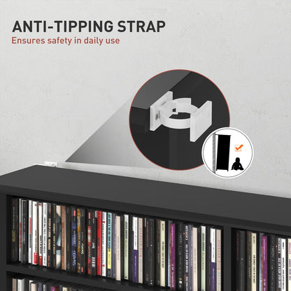 8-Tier DVD Shelf with 12 Adjustable Shelves, Double CD Shelf, Holds 720 CDs, 396 DVDs or 396 Blu-rays, Black