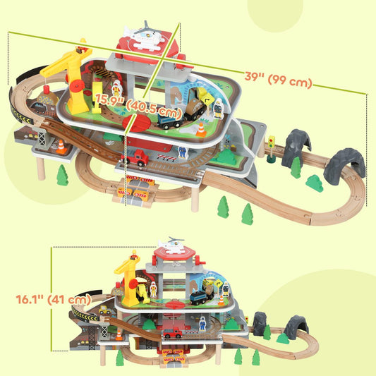 79Pcs Wooden Train Set Mine Themed with Crane, Helicopter, Track & Accessories, for Boys & Girls 3+ Years Old