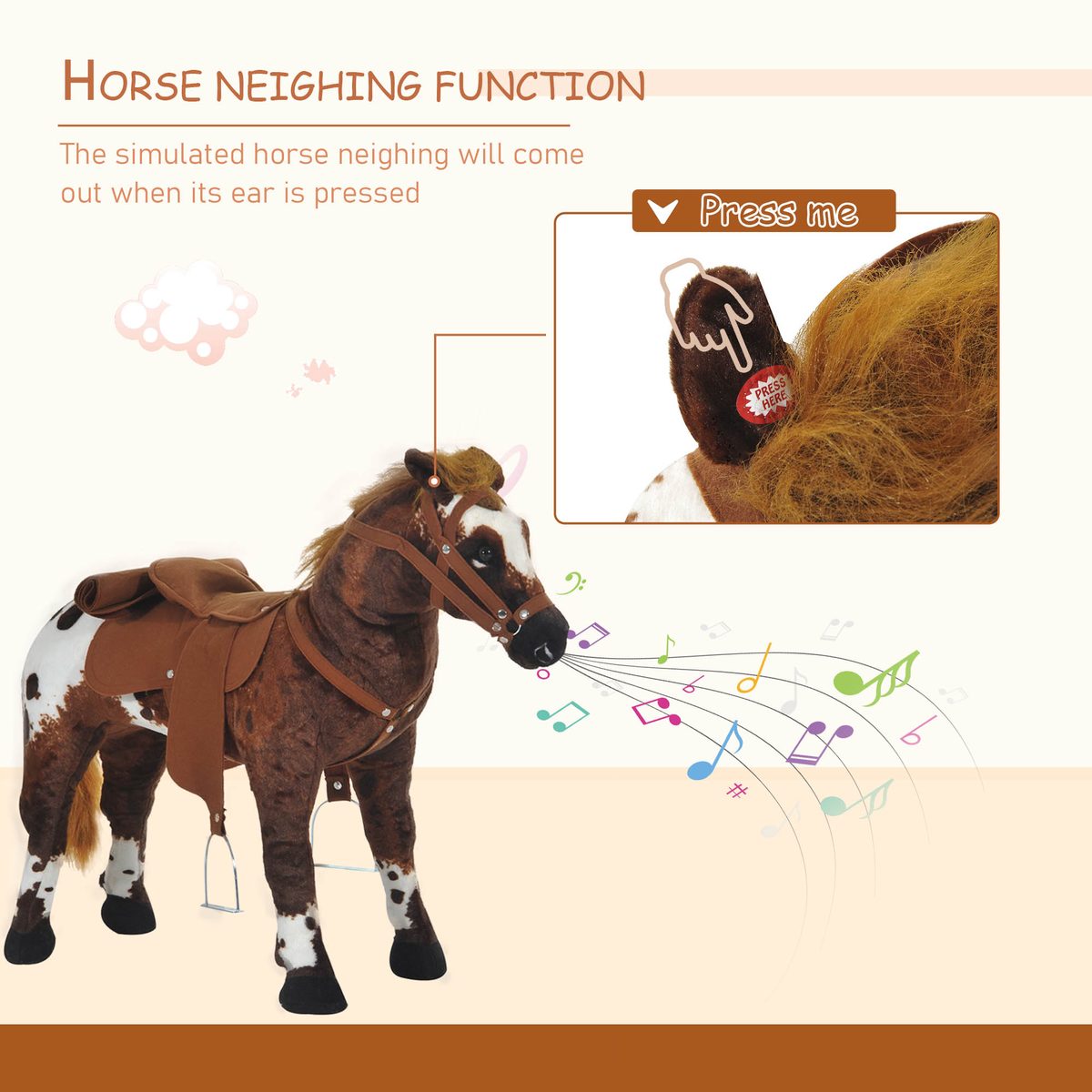 Standing Ride on Horse, Plush Pony Toy for Kids with Neighing Sound, Soft Padding, for Cowboy Cowgirl Aged 3-8 Years Old, Brown