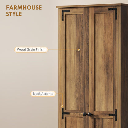 67" Farmhouse Pantry Cabinet with 2 Doors, Tall Storage Cabinet with Adjustable Shelves, Brown Wood Grain