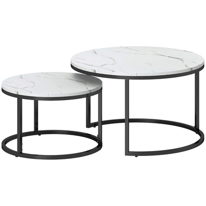 Modern Coffee Table Set of 2, Nesting Side Tables w/ Metal Base for Living Room Bedroom Office Faux Marbled White