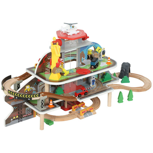 79Pcs Wooden Train Set Mine Themed with Crane, Helicopter, Track & Accessories, for Boys & Girls 3+ Years Old