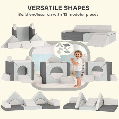 12 PCS Modular Kids Play Couch, Child Sectional Sofa for Toddlers, Convertible Foam and Floor Cushion, Grey