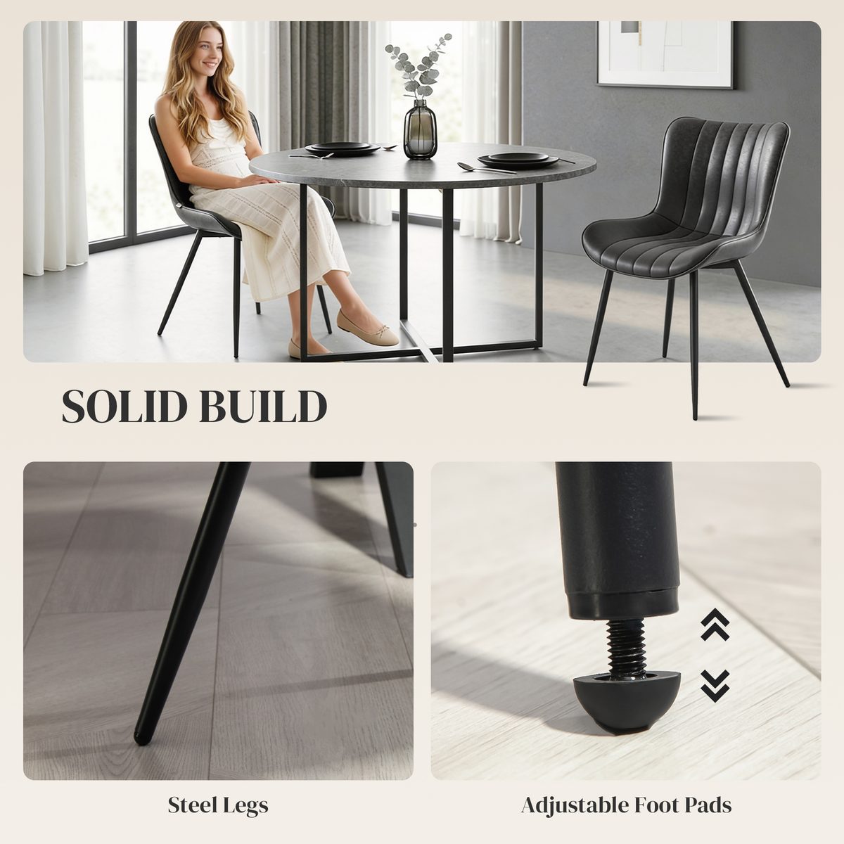 Dining Chairs Set of 2, PU Leather Upholstered Kitchen Chairs with Backrest and Steel Legs, Black
